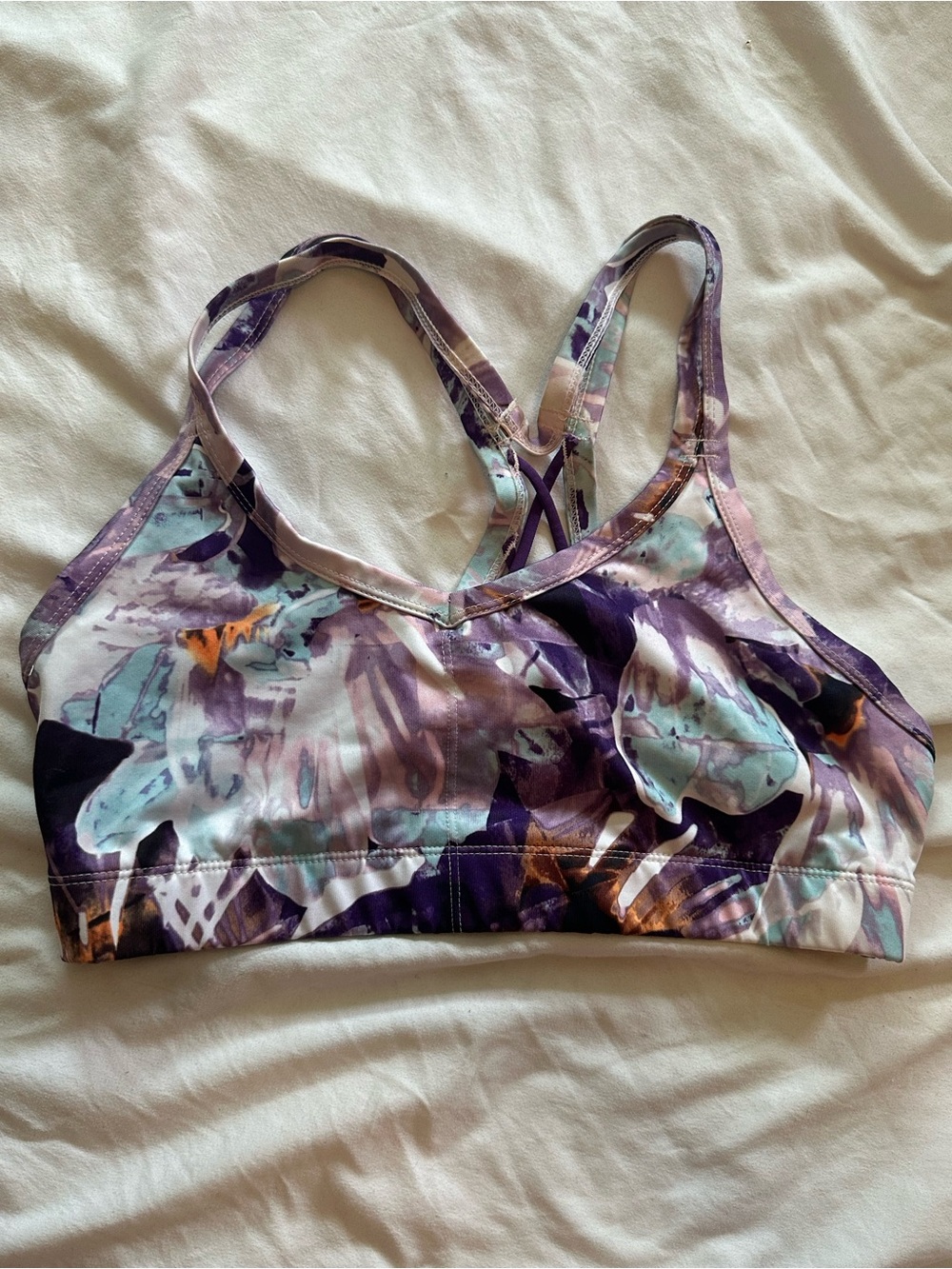 Target Purple Floral Strappy Sports Bra with Mint Accents